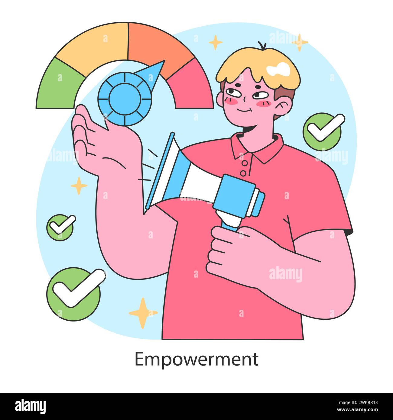 Concetto di empowerment. Il giovane tiene il megafono e il grafico dei progressi. Dipendente d'ufficio sicuro, sviluppo delle capacità aziendali. Illustrazione vettoriale piatta. Illustrazione Vettoriale