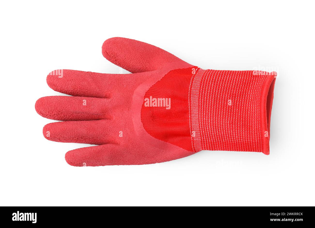 Un guanto da giardinaggio rosso isolato sul bianco, vista dall'alto Foto Stock
