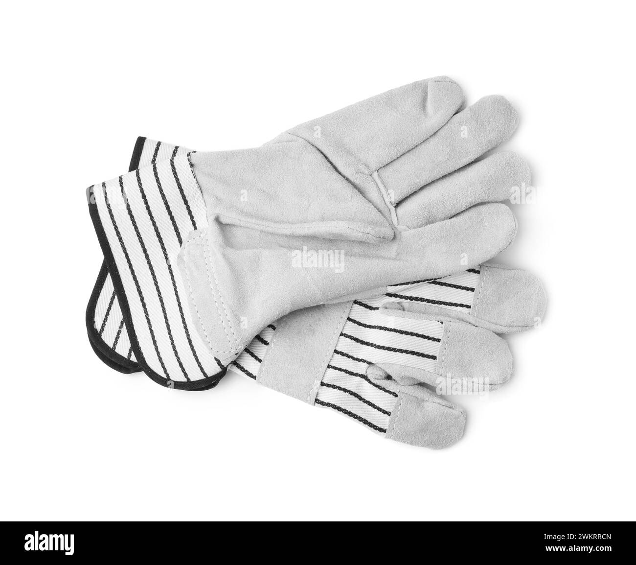 Paio di guanti da giardinaggio a colori isolati su bianco, vista dall'alto Foto Stock