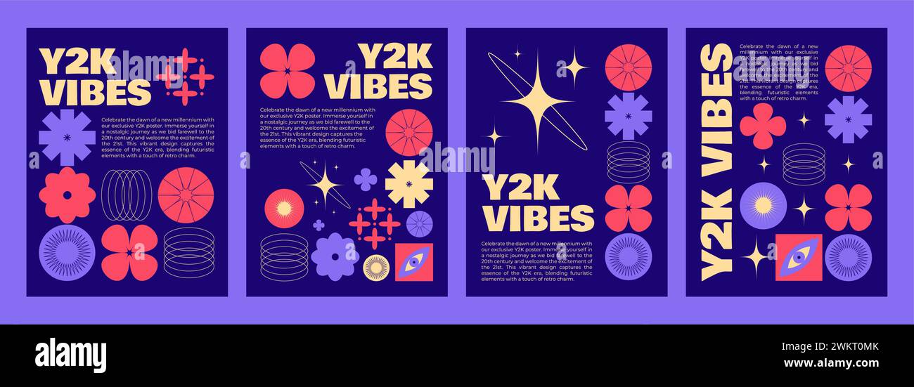 Layout del poster o della copertina in stile retrò Y2K con elementi semplici astratti di colore rosa neon brillante e viola. Layo estetico per volantini e banner anni '2000 Illustrazione Vettoriale