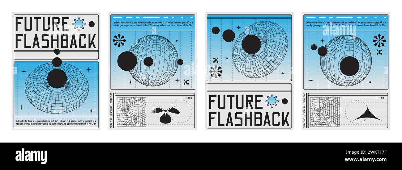 Set di banner techno Vibe Y2K. Illustrazione vettoriale realistica di poster estetici a onda posteriore con elementi geometrici di design, toro a reticolo blu, globo Illustrazione Vettoriale