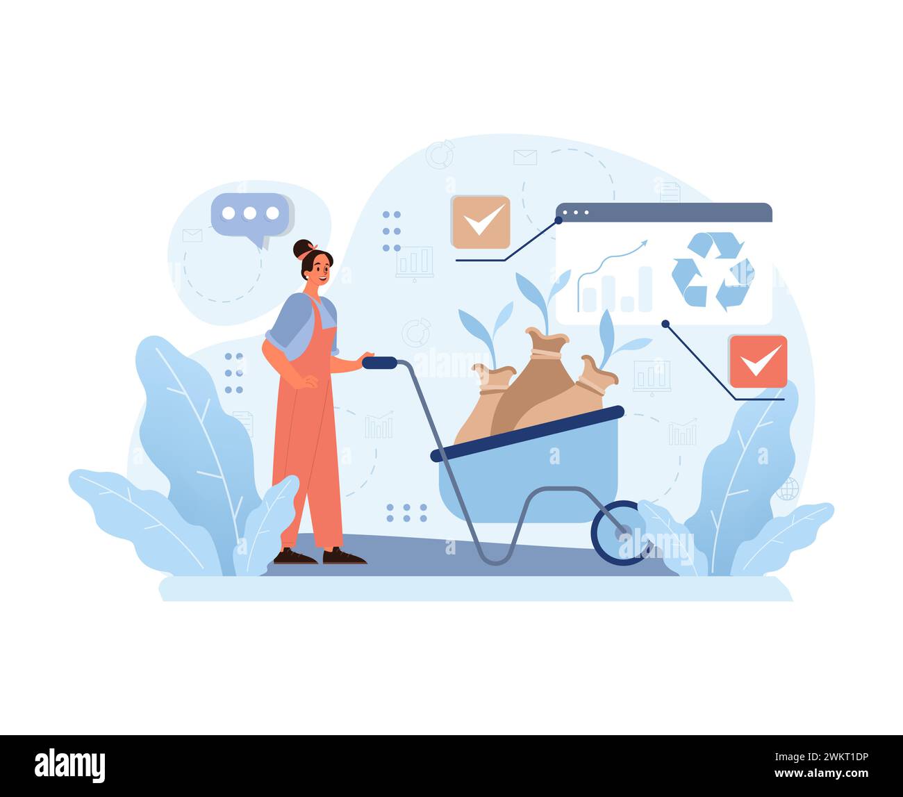 Donna energica con una carriola di compost, concentrata sull'agricoltura urbana sostenibile, circondata da attività digitali e simboli ecologici. Illustrazione vettoriale piatta Illustrazione Vettoriale