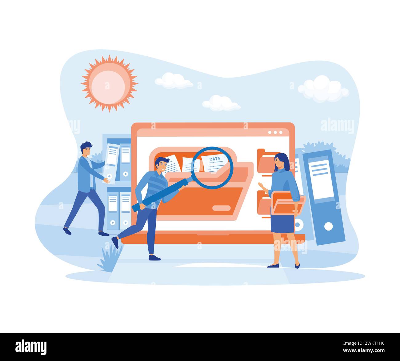 Persone che prelevano documenti dagli scaffali, utilizzano la lente di ingrandimento e ricercano i file in un database elettronico. illustrazione moderna a vettore piatto Illustrazione Vettoriale