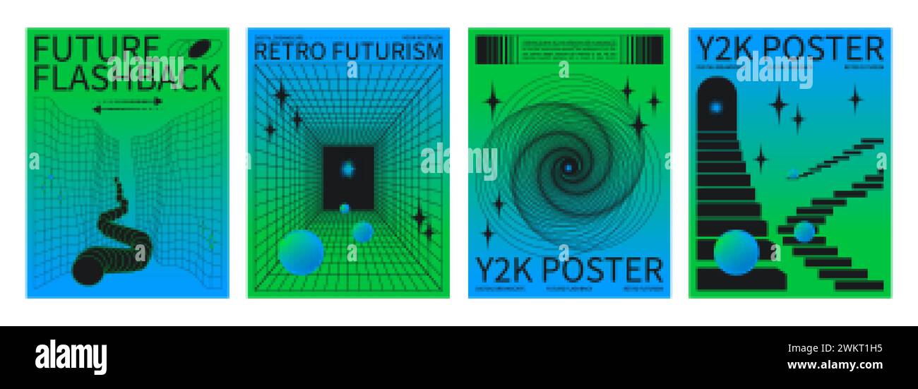 Set di banner techno a onda retrospettiva. Illustrazione vettoriale realistica di poster sfumati blu e verde estetici y2k con prospettiva portale wireframe, sta Illustrazione Vettoriale