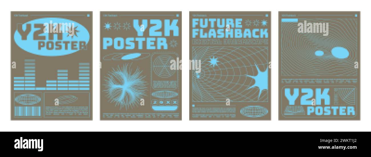 Set di volantini retrò futuristici. Illustrazione vettoriale realistica di poster estetici y2k con equalizzatore blu, paesaggio wireframe, stelle a colori, pla Illustrazione Vettoriale