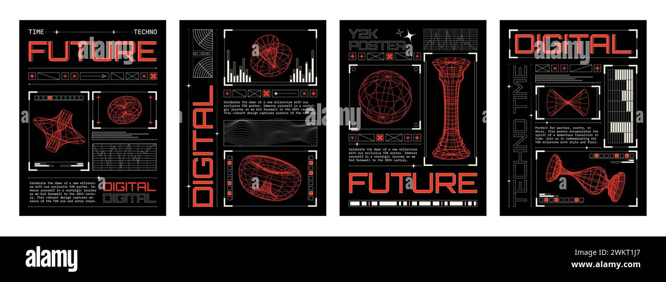 Poster techno digitale in stile y2k con struttura a reticolo di forma astratta e casella di testo su sfondo nero. Set di illustrazioni vettoriali con banner estetico anni '2000 W. Illustrazione Vettoriale