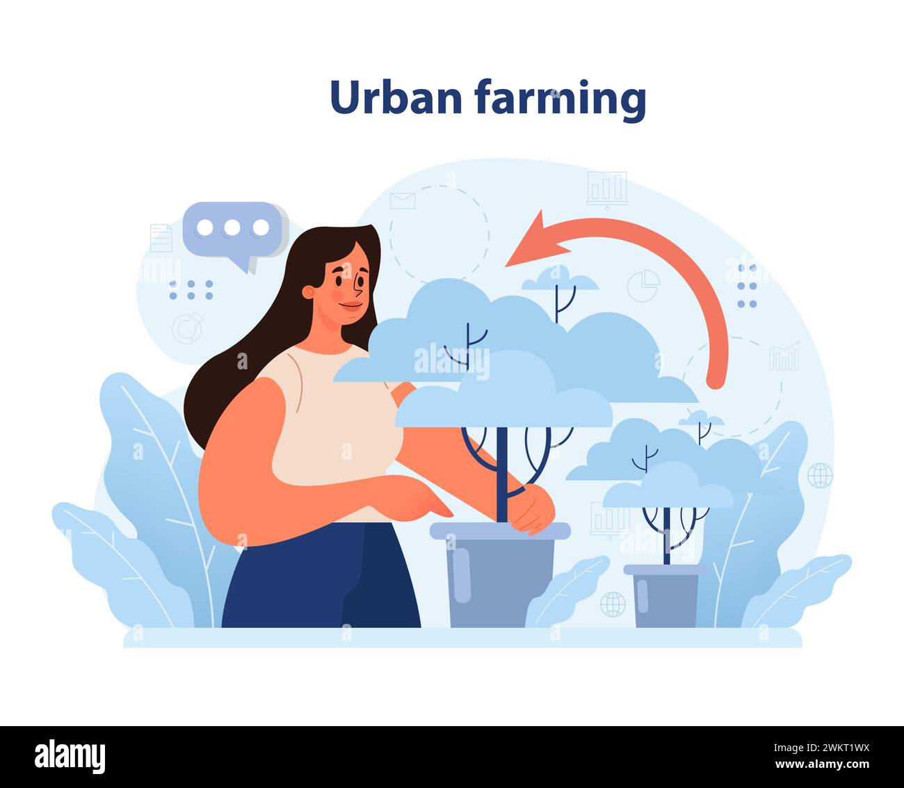 Donna che nutre alberi in vaso in ambiente urbano. Concetto di agricoltura urbana, vegetazione urbana, giardini sul tetto e prodotti freschi. Coltivare spazi verdi in città. Illustrazione vettoriale piatta Illustrazione Vettoriale