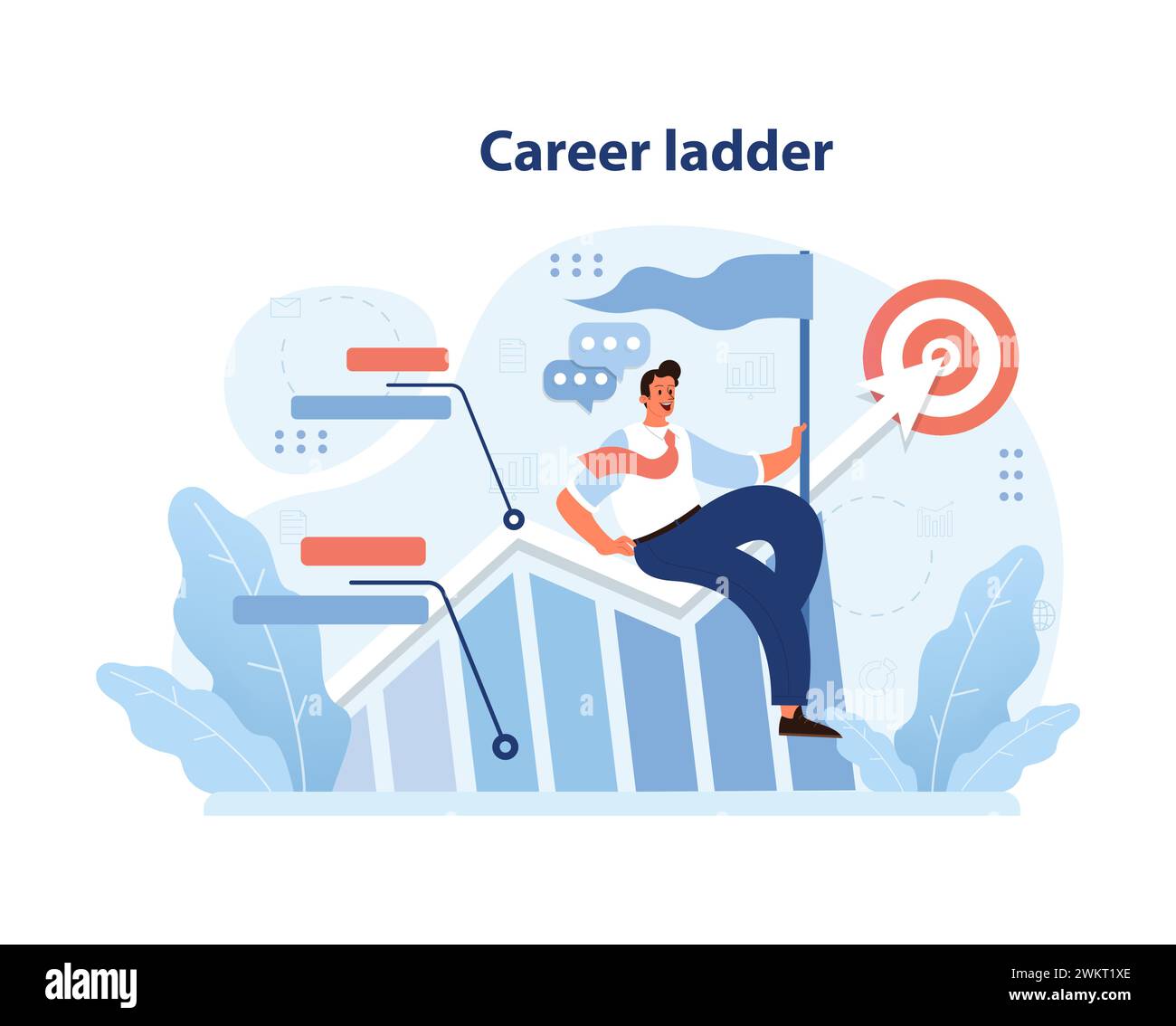 Una figura dotata di potere che sale alla scala della carriera, simboleggia l'ambizione e la ricerca del successo. Una metafora per il raggiungimento degli obiettivi sul posto di lavoro. Illustrazione vettoriale piatta. Illustrazione Vettoriale