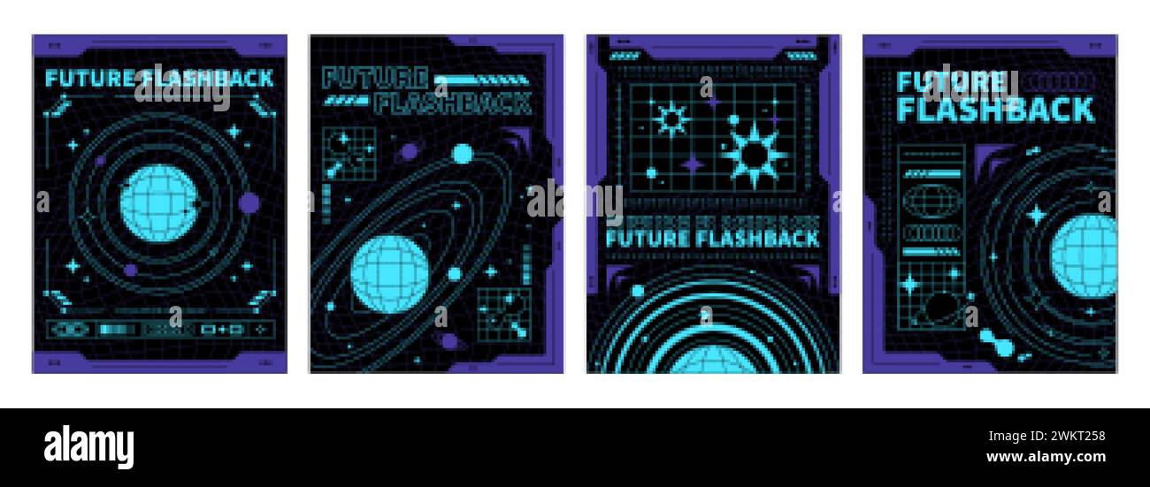 Modello di design per poster spaziali in stile y2k alla moda con griglia acida e adesivo Planet in colore blu neon su sfondo nero. Gruppo vettoriale di 2000 s. Illustrazione Vettoriale