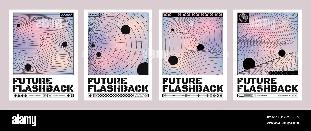 Layout retro del poster y2k. Modello di composizione per striscioni e copertine di tendenza in stile vintage anni '2000 con superficie geometrica a onde a griglia e balena nera Illustrazione Vettoriale