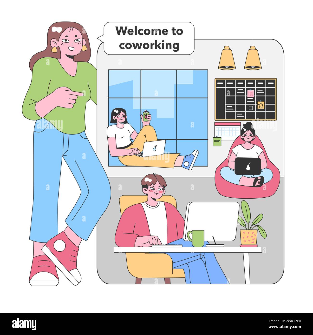 Moderno ambiente di coworking. Personaggi che collaborano in una sala luminosa con un pianificatore, computer portatili e un'atmosfera accogliente. Giornata lavorativa informale, condivisione di idee. Illustrazione vettoriale piatta. Illustrazione Vettoriale