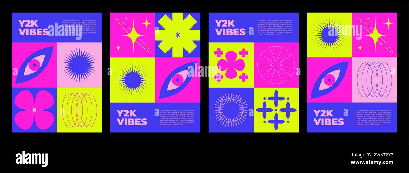 Modello per poster in stile retrò Y2K con adesivo semplice e ruvido color neon brillante. Set vettoriale di layout estetico di copertina e banner anni '2000 Illustrazione Vettoriale