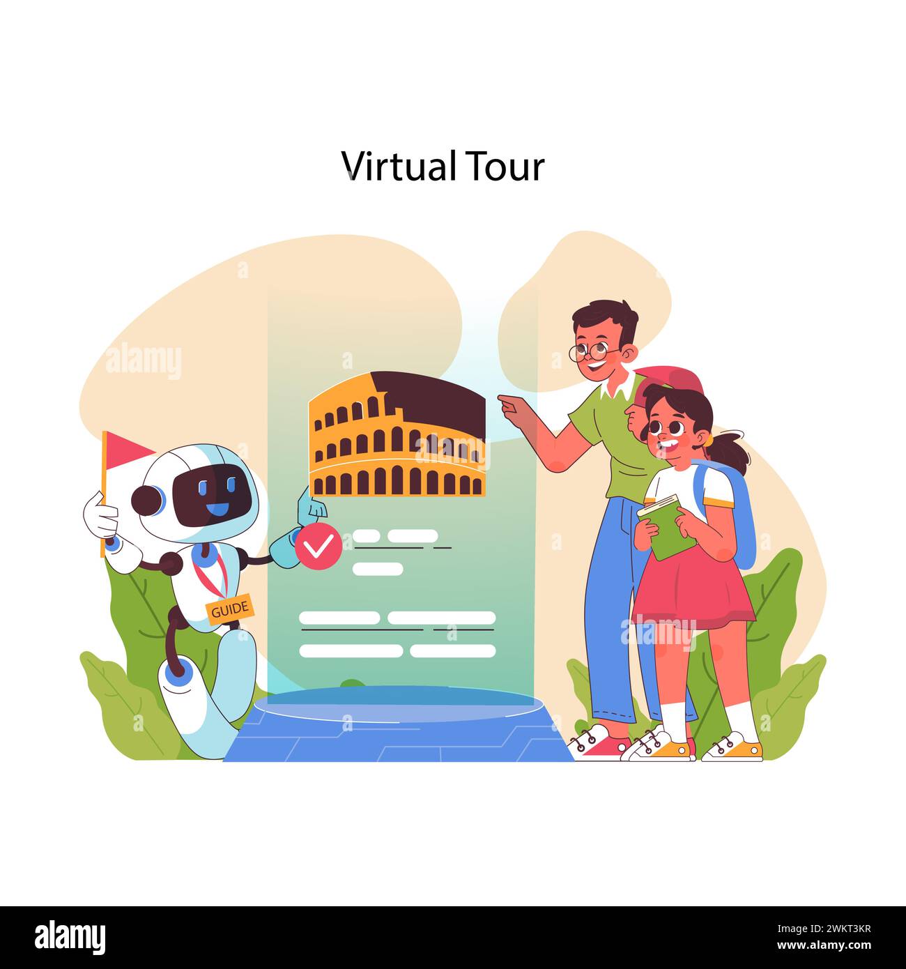 L'INTELLIGENZA ARTIFICIALE consente un tour virtuale dei siti storici, con una guida robot che mostra il Colosseo agli studenti affascinati. Illustrazione vettoriale piatta Illustrazione Vettoriale