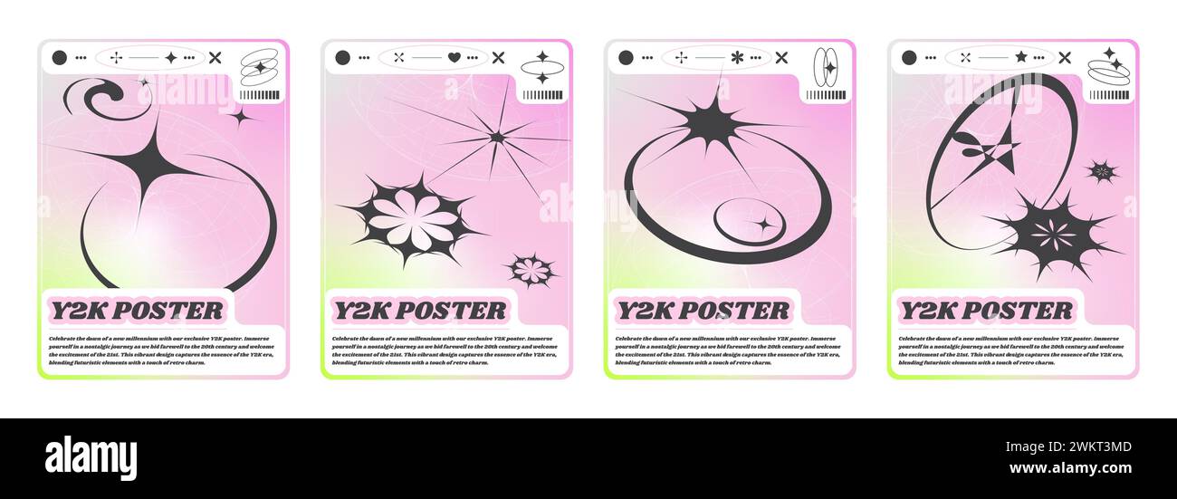 Set di striscioni Y2K con cartelli neri astratti. Illustrazione vettoriale realistica di poster estetici retroondeggianti con struttura a reticolo a forma di toro su rosa e giallo Illustrazione Vettoriale
