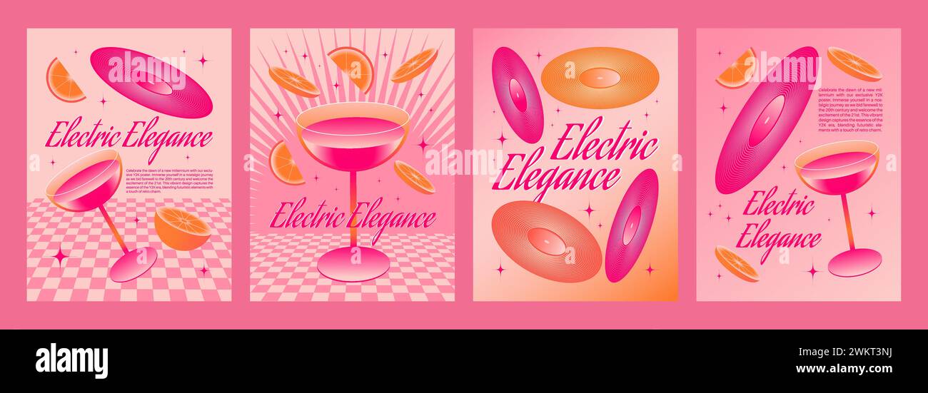 Modello per poster in stile retrò Y2K con cocktail in vetro, dischi in vinile e fette arancioni di colore rosa acido neon brillante. layout banner estetico anni '2000 Illustrazione Vettoriale