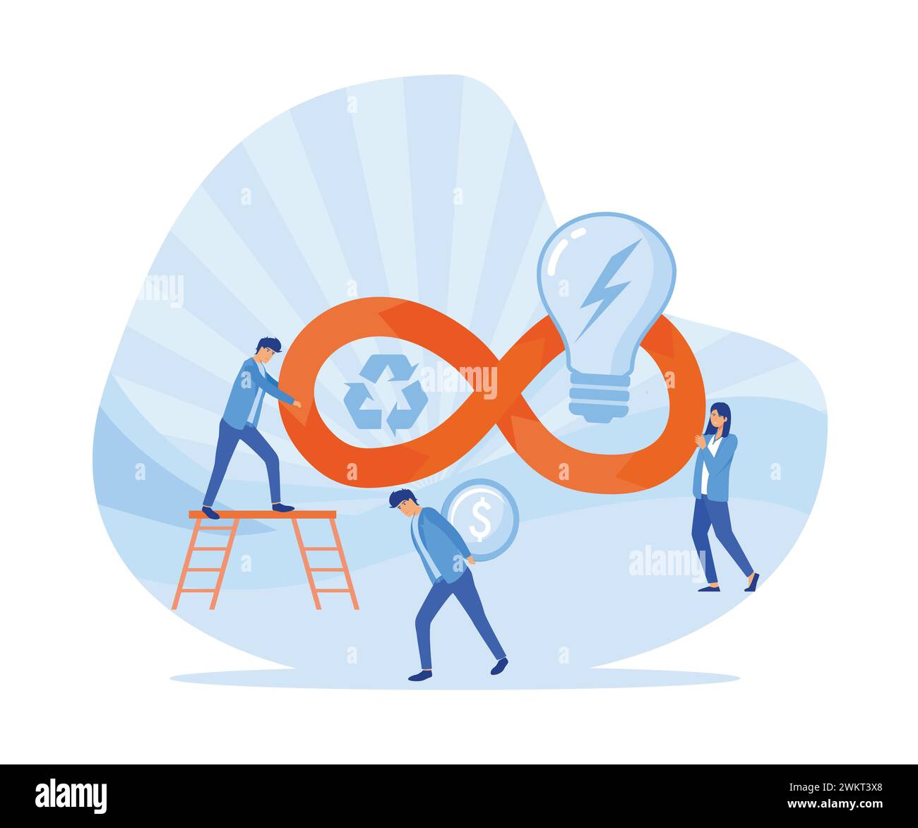 Economia circolare. Riciclaggio dei rifiuti, consumo energetico e gestione efficienti. illustrazione moderna vettoriale piatta Illustrazione Vettoriale