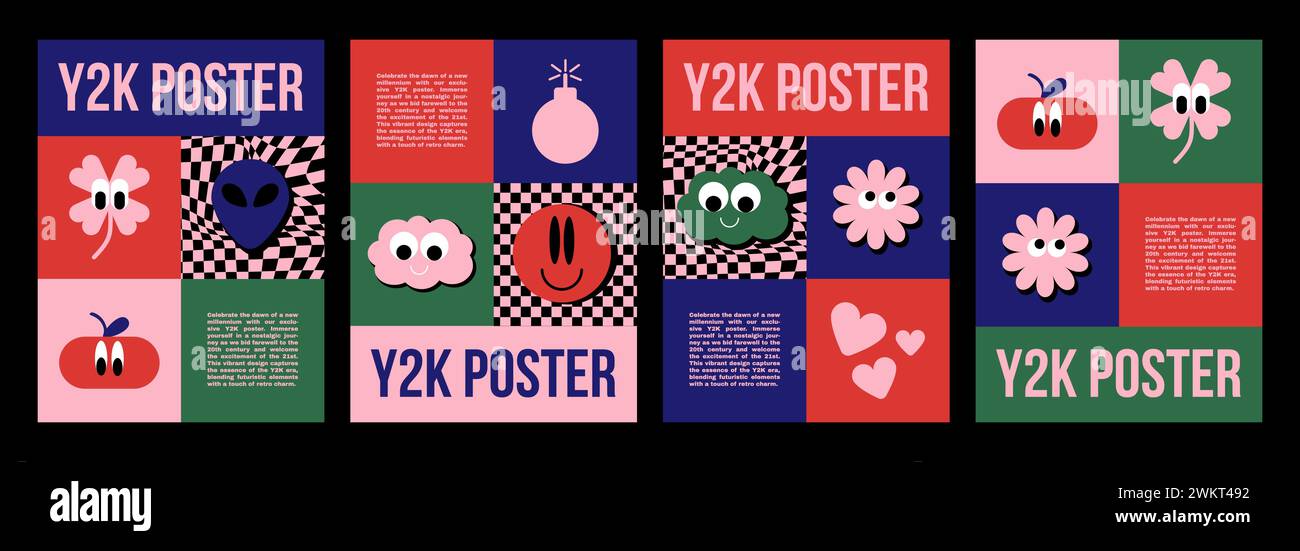 Modello di design per poster Y2K con un semplice adesivo scanalato astratto dai colori acidi brillanti. Set di illustrazioni vettoriali di copertina e banner 2000s disponibili Illustrazione Vettoriale