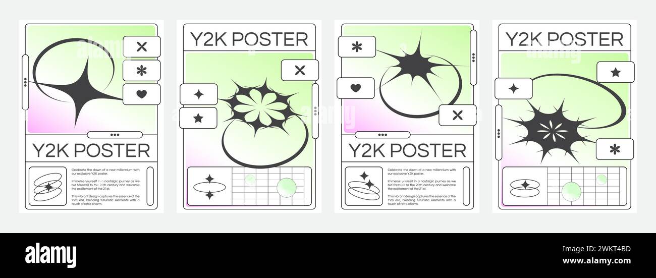 Modello di design per poster in stile y2k con elementi neri semplici a stella e scintillio su sfondo color pastello morbido e fluido. Set di ba minimalista Illustrazione Vettoriale
