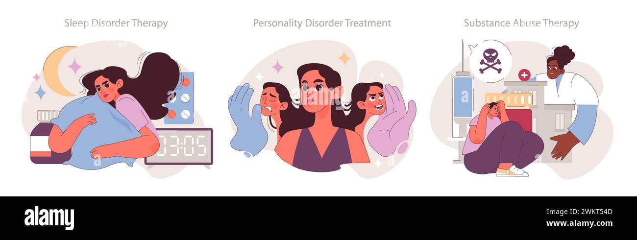 Interventi di psicoterapia impostati. Affrontare i disturbi del sonno, della personalità e delle sostanze. Molteplici approcci terapeutici al benessere. Illustrazione Vettoriale