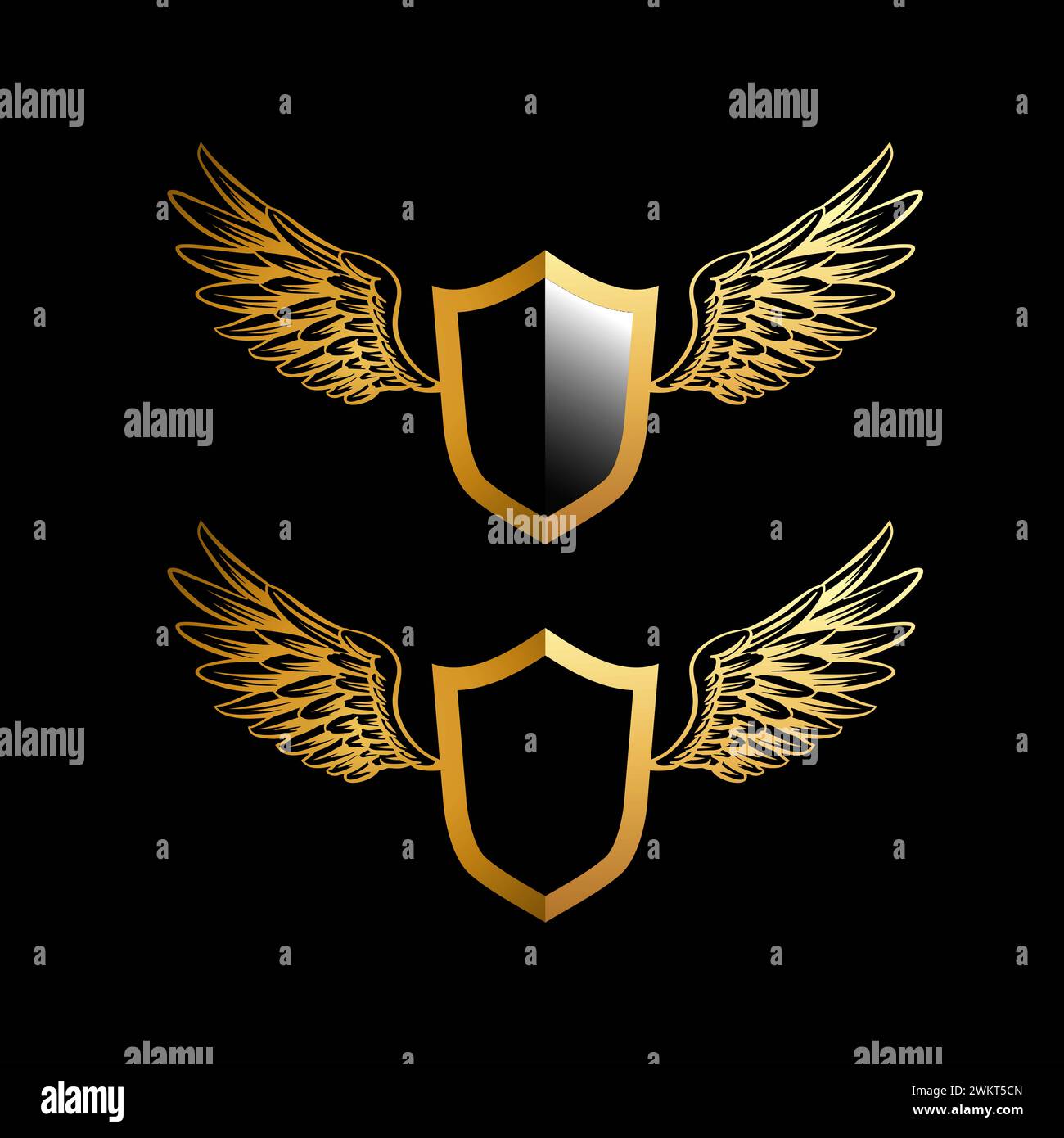 scudo dorato, distintivo, emblema, set di icone con modello con logo wings Foto Stock