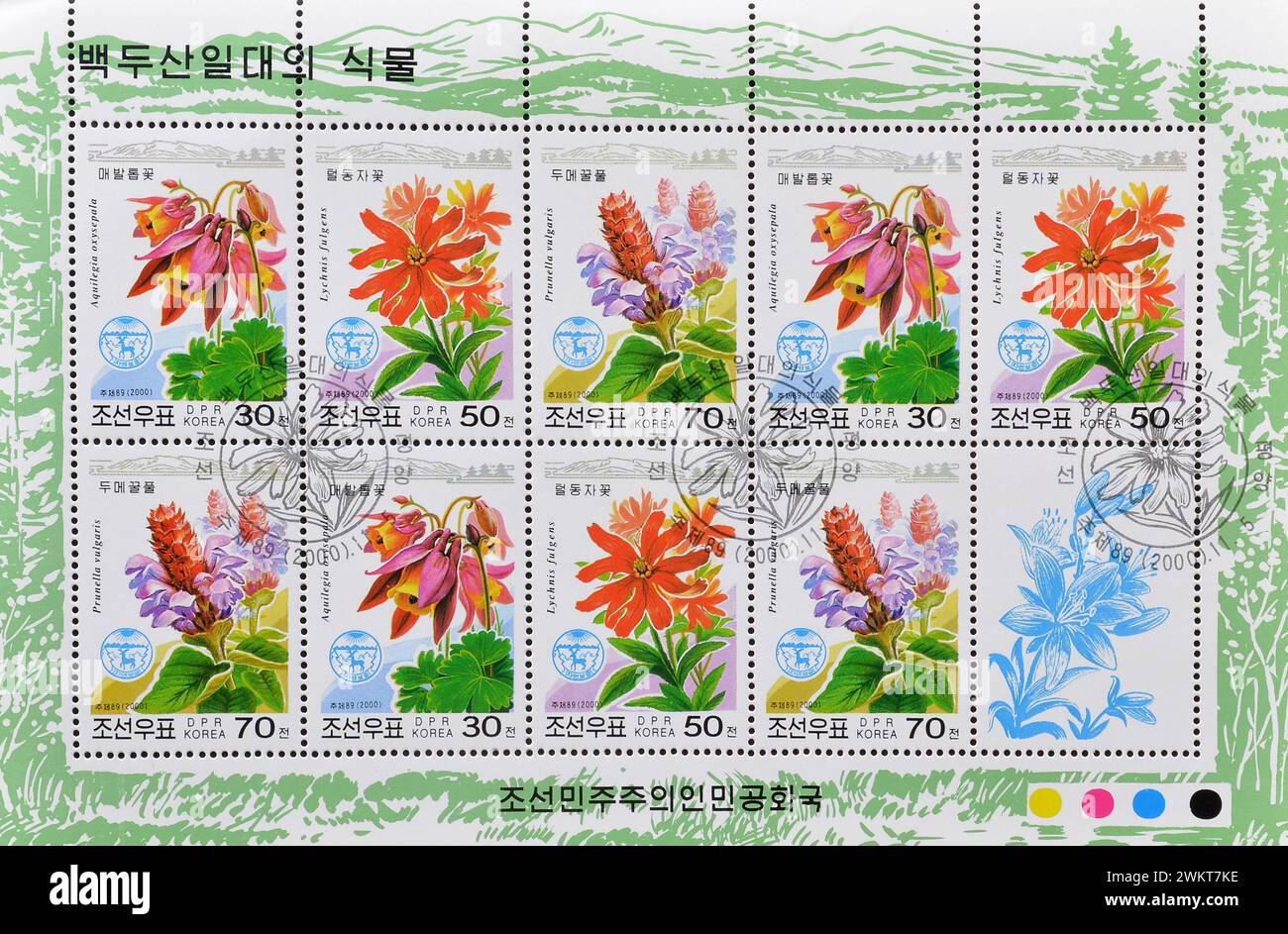 Foglio ricordo con francobollo cancellato stampato dalla Corea del Nord che mostra vari fiori del Monte Paektu, circa 2000. Foto Stock