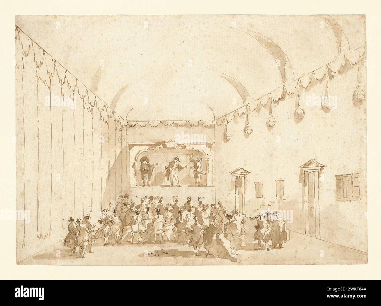 Una performance teatrale; Francesco Guardi (italiano, 1712 - 1793); Italia; 1782; Penna e inchiostro bruno e spazzola con lavaggio marrone oltre gesso nero; 27,5 x 38,4 cm (10 13/16 x 15 1/8 in.); 89.GG.51 Foto Stock