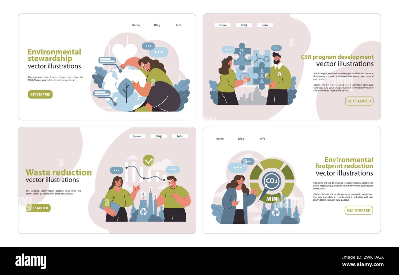 Set completo di immagini CSR. Illustrare le strategie di tutela dell'ambiente, creazione di programmi, gestione dei rifiuti e riduzione delle emissioni di carbonio. Guidare il cambiamento attraverso la grafica. Illustrazione vettoriale piatta. Illustrazione Vettoriale