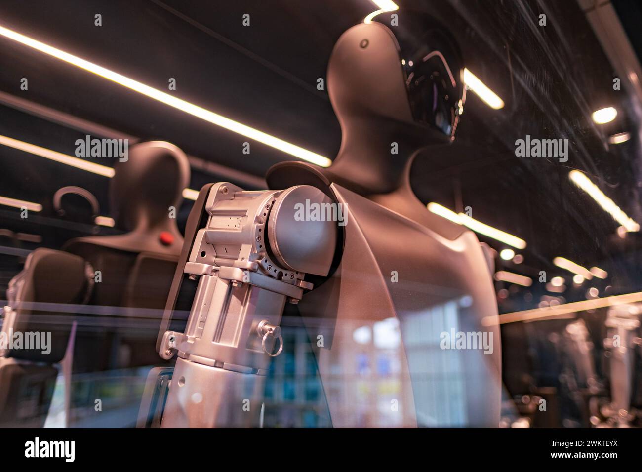 Umanoide robotico Tesla Bot Optimus in showroom, strategia ai Tesla: Elon Musk su FSD, approccio innovativo all'ingegneria, innovazione nel settore mostra i Foto Stock