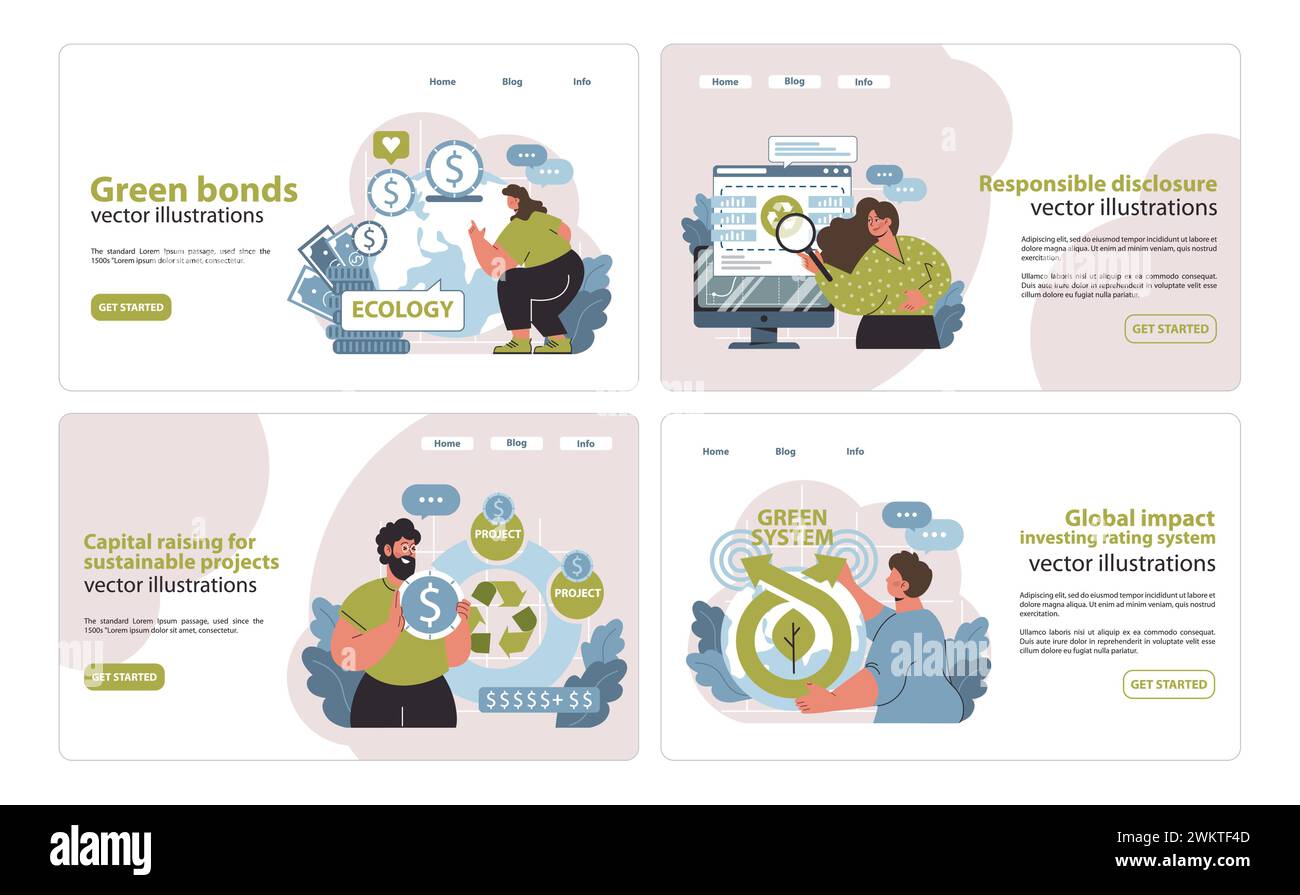 Elementi web di investimento sostenibile. Ecofinanziamento, pratiche aziendali trasparenti e valutazione d'impatto globale. Investimento con una coscienza. Illustrazione vettoriale piatta. Illustrazione Vettoriale