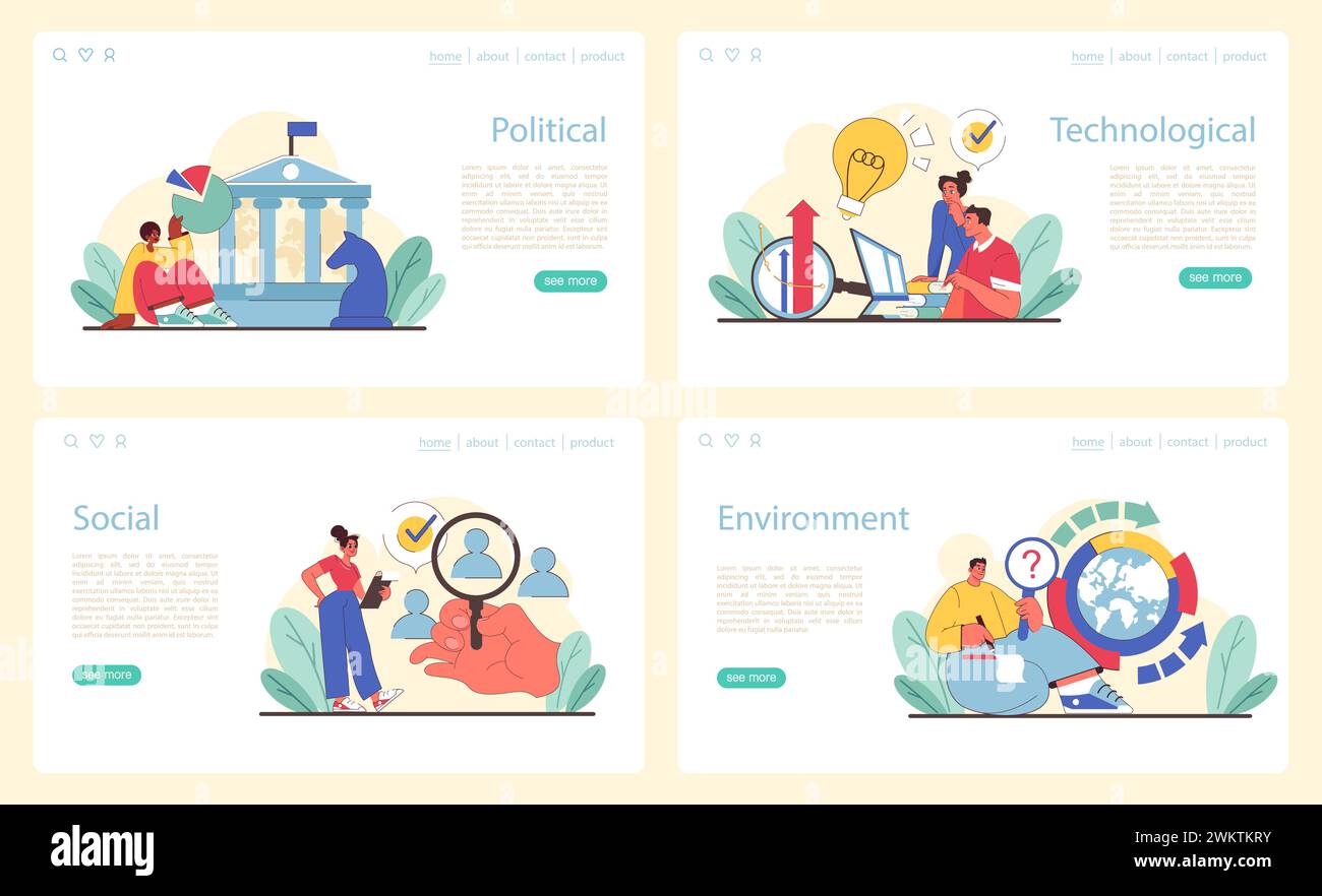 Set segmenti analisi PARASSITA. Approfondire gli aspetti politici, tecnologici, sociali e ambientali. Interpretare governance, tendenze tecnologiche, dinamiche sociali ed ecocondizioni. Illustrazione vettoriale. Illustrazione Vettoriale
