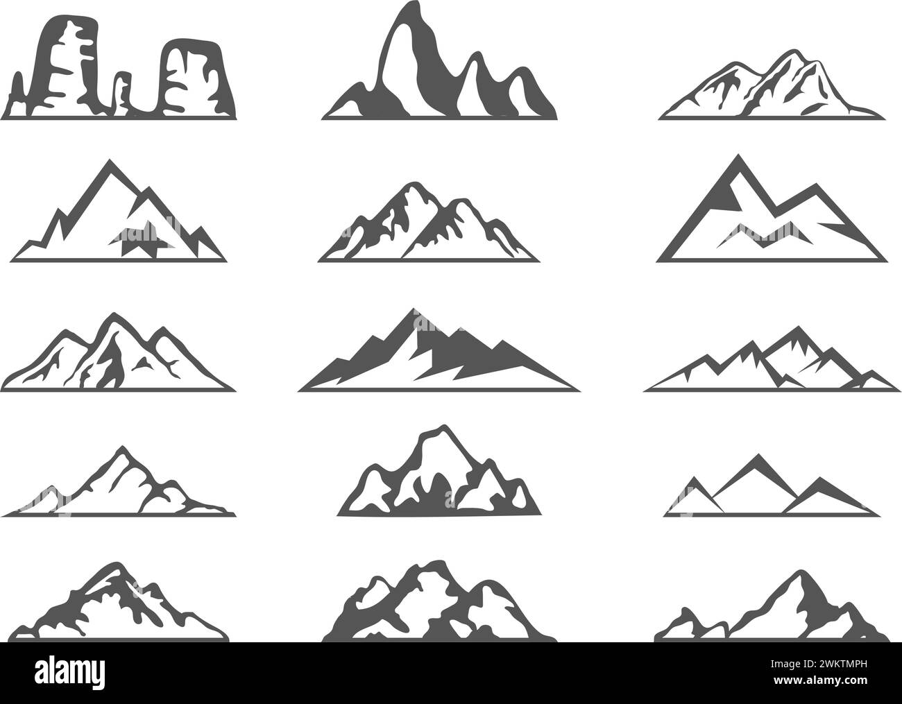 Set di vettore di nero e di bianco silhouette di montagna icone. logo collection di rocky neve montagne Illustrazione Vettoriale
