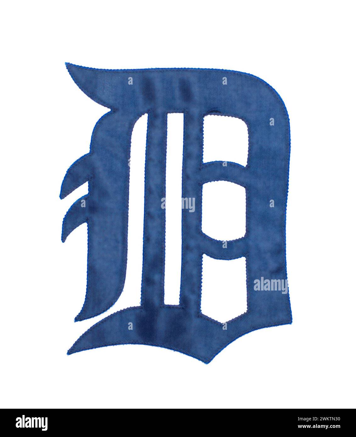 Una lettera D blu navy in Collins Old English font regolare. Tessuto cucito tigri Detroit tigri American Professional Major League baseball brand foto Foto Stock