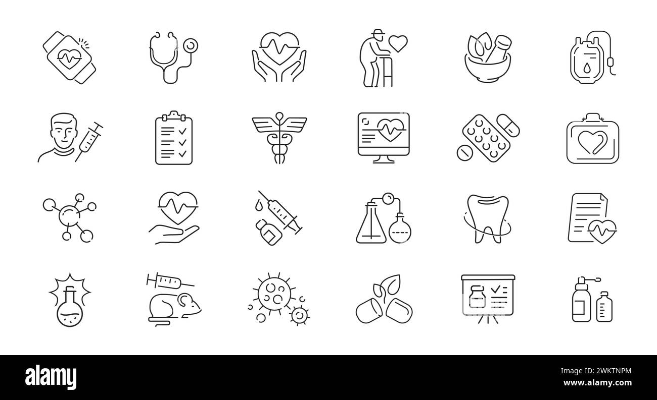 Icona di medicina e assistenza sanitaria impostata in stile lineare. Illustrazione vettoriale del concetto di ospedale o farmacia Illustrazione Vettoriale