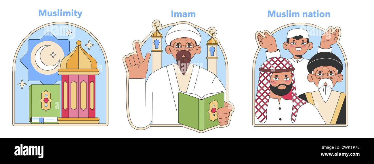 Muslimity Set che riflette i pilastri della fede. Le illustrazioni mostrano una moschea, una guida Imam e una nazione musulmana diversificata unita. Stile vettoriale piatto Illustrazione Vettoriale