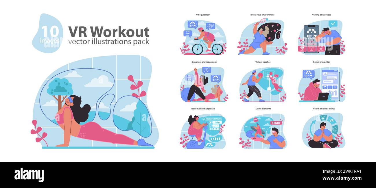 Intraprendi un percorso di fitness futuristico con il nostro pack vettoriale di allenamento VR, che include esercizi dinamici e interattivi per un regime olistico di esercizi in realtà virtuale. Illustrazione Vettoriale