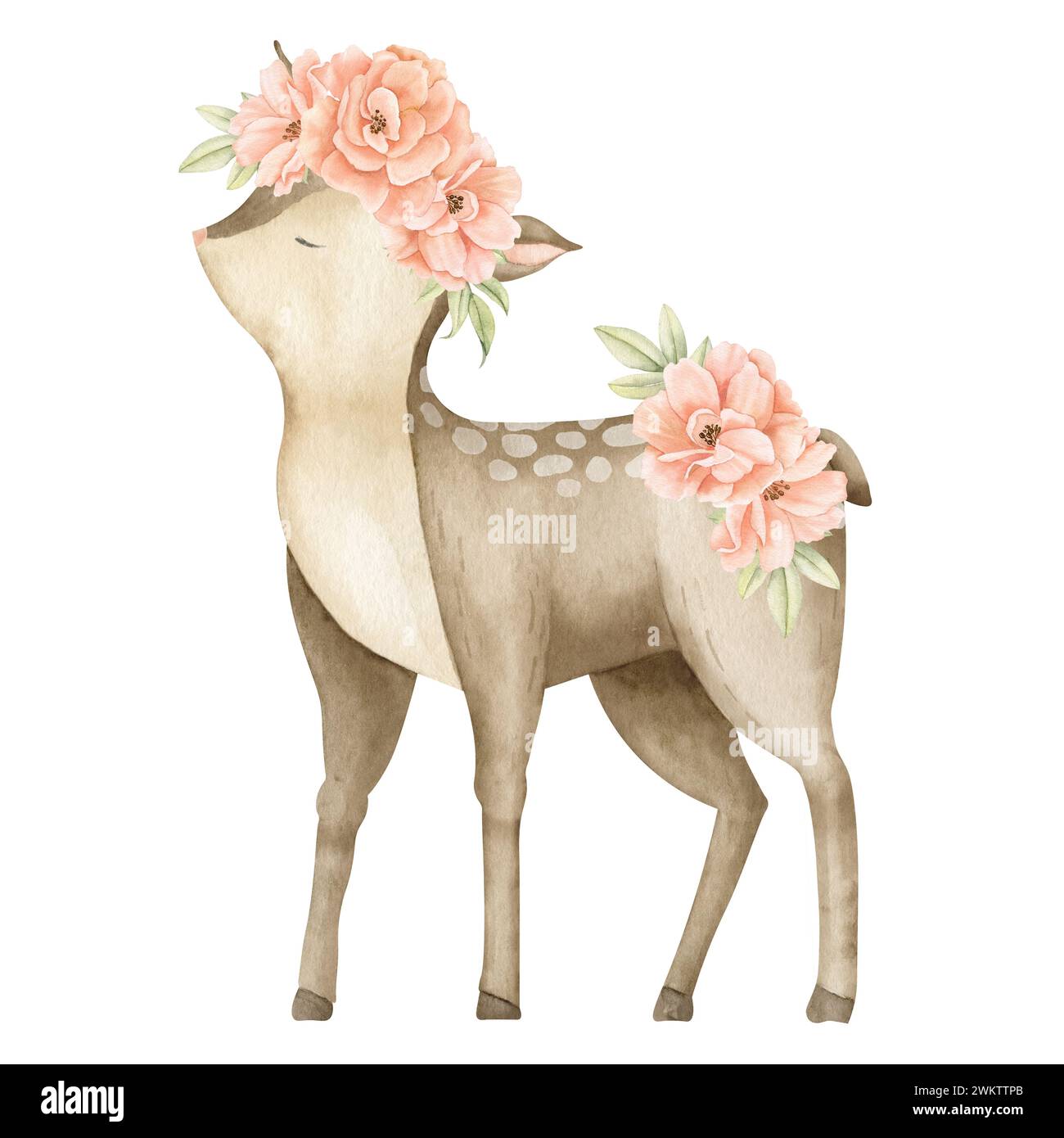 Cervo con fiori, illustrazione acquerello. Animale boschivo disegnato a mano con rose per biglietti di auguri Baby Shower o inviti a feste per bambini. Grazioso personaggio per il design della nursery in colori pastello. Foto Stock