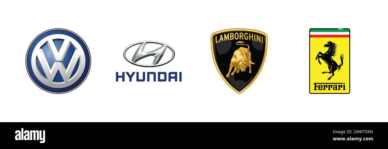 Hyundai, Ferrari, Volkswagen, Lamborghini, famosa collezione di logo del marchio. Illustrazione Vettoriale