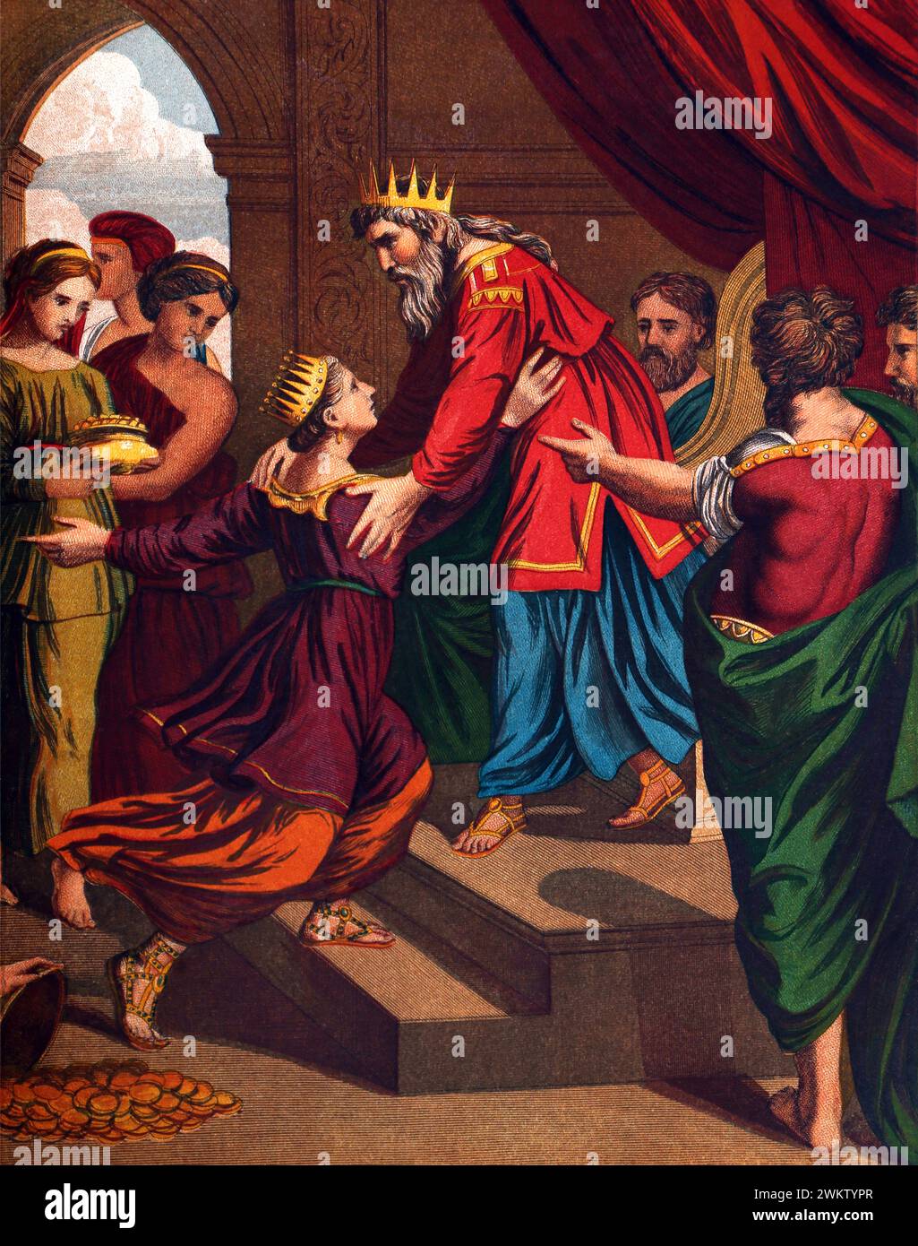 Illustrazione della visita della Regina di Saba al Re Salomone e venne a Gerusalemme spezie, oro e pietre preziose dell'Antico XIX secolo Foto Stock