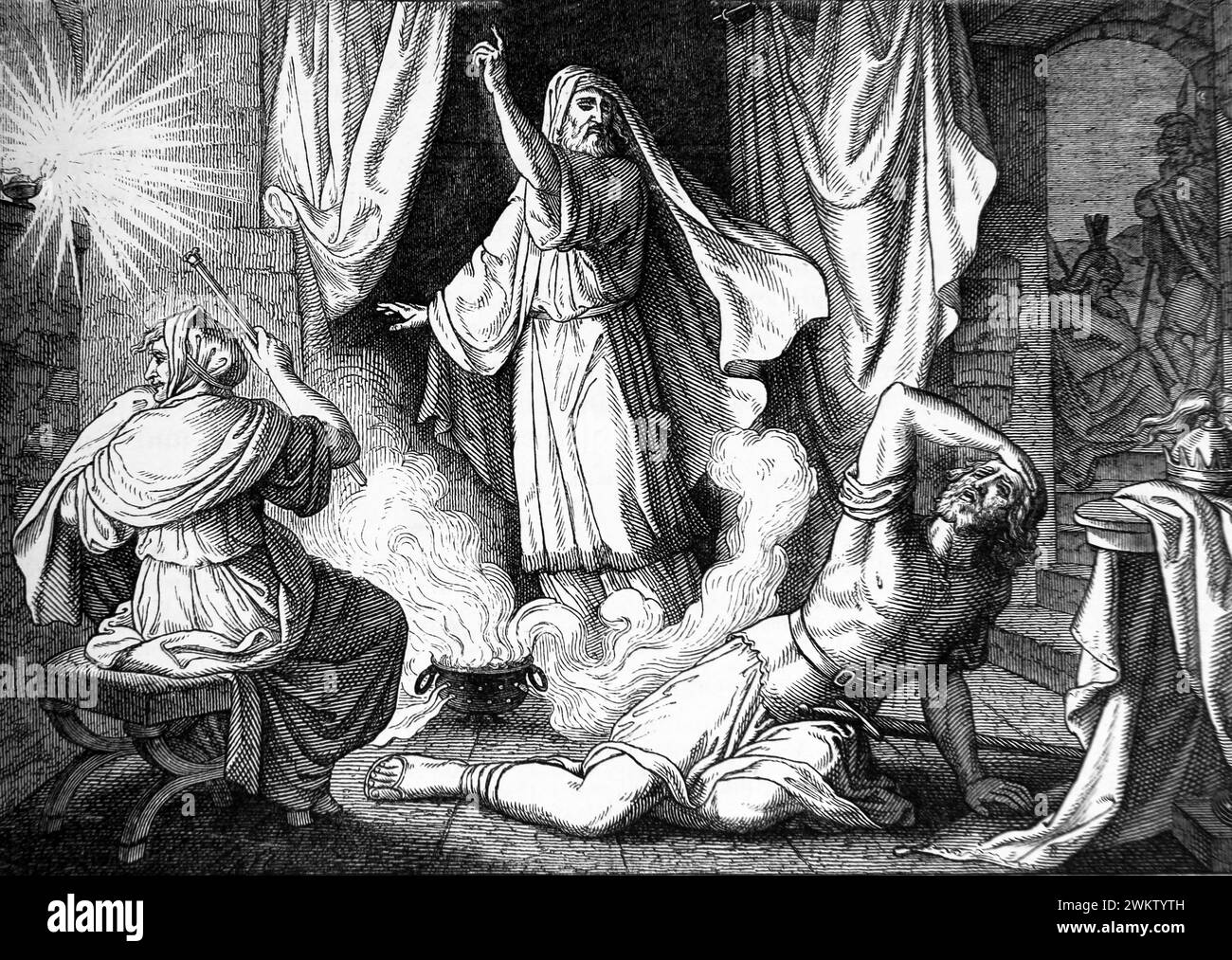 Illustrazione di re Saul che cade a terra spaventato dalle parole di Samuele dell'Antica Bibbia di famiglia illustrata del XIX secolo Foto Stock