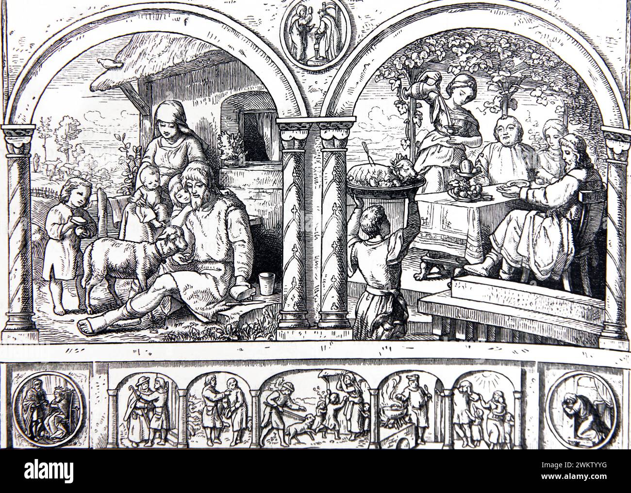 Illustrazione di Nathan Parable di due uomini uno ricco uno povero, l'uomo ricco aveva un gregge di pecore il povero aveva appena una pecora che lui e la sua famiglia l Foto Stock