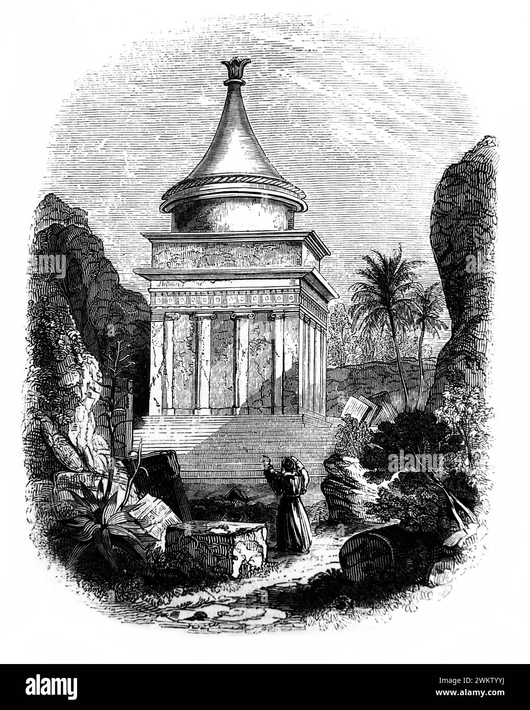Illustrazione della Tomba di Assalonne (figlio di Davide) nella Valle di Giosafat nella Antica Bibbia di famiglia illustrata del XIX secolo Foto Stock