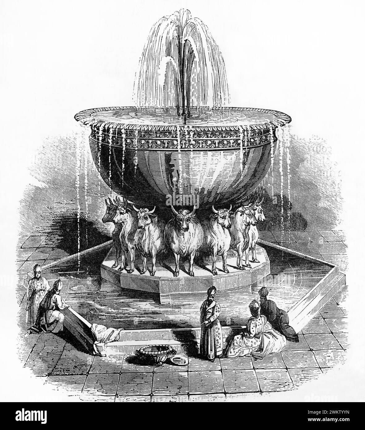 Illustrazione della presunta forma del Mare di Brazen un grande bacino che si trovava nella corte interna del Tempio di Gerusalemme per i sacerdoti per fare il loro Foto Stock