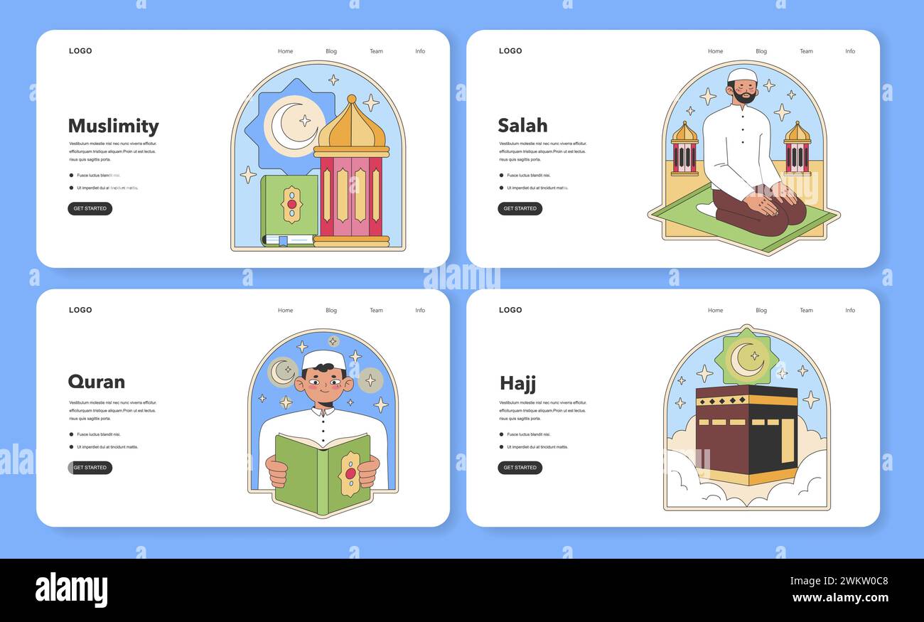 Illustrazioni digitali Muslimity per il Web. Mostra i pilastri dell'Islam: Moschea, lettura del Corano, Salah e Hajj. Design vettoriale piatto Illustrazione Vettoriale