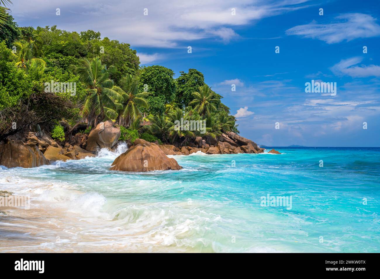 Spiaggia di Anse Pate, la Digue, Seychelles Foto Stock