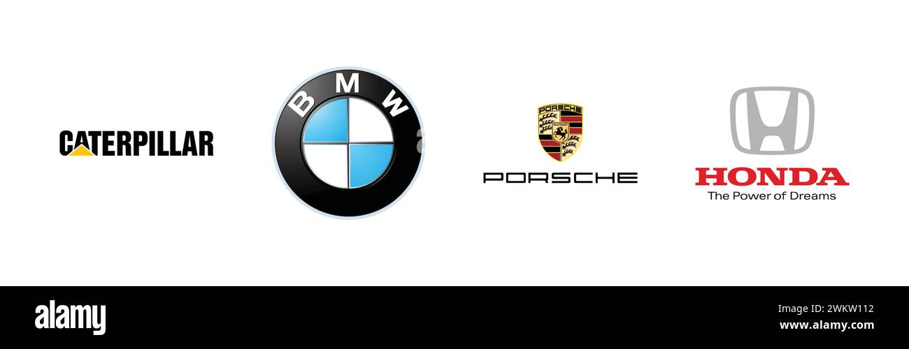 Honda, Porsche, BMW, Caterpillar, famosa collezione di logo del marchio. Illustrazione Vettoriale
