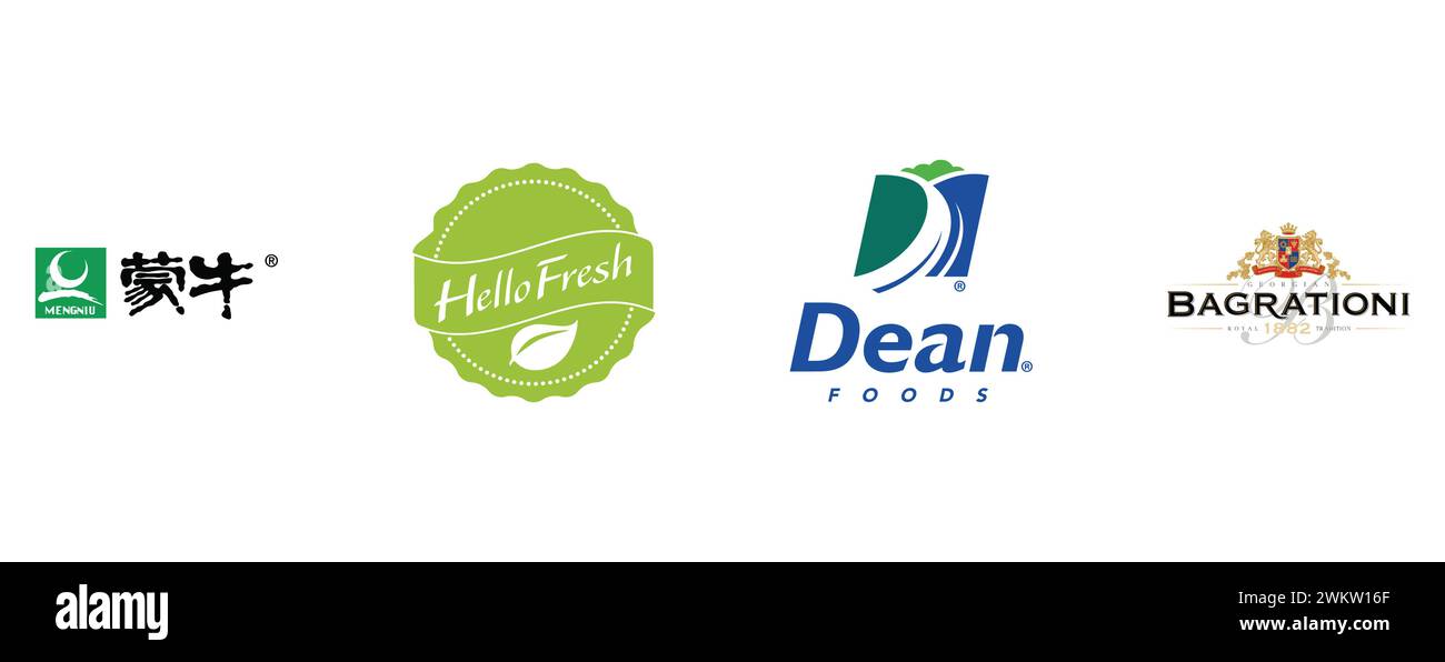 Bagrationi, Mengniu, Dean Foods, Hellofresh. Raccolta del logo del marchio TOP. Illustrazione Vettoriale