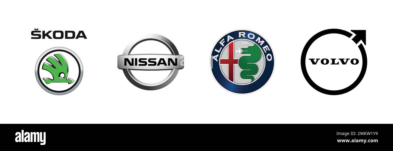Nissan, Skoda, Volvo, Alfa Romeo, famosa collezione di logo del marchio. Illustrazione Vettoriale