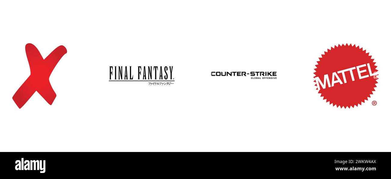 Counter Strike Global Offensive, Mattel, Final Fantasy, League of Legends. Raccolta del logo del marchio TOP. Illustrazione Vettoriale