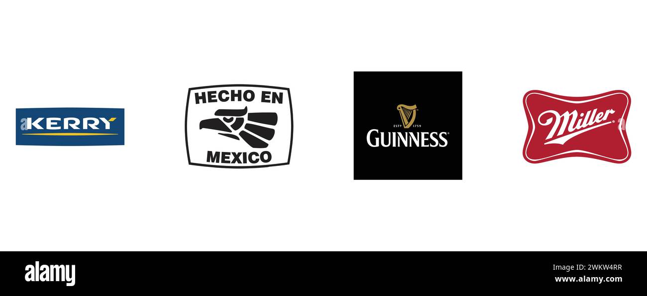 Hecho en Mexico, Kerry Group, Miller, Guinness. Raccolta del logo del marchio TOP. Illustrazione Vettoriale