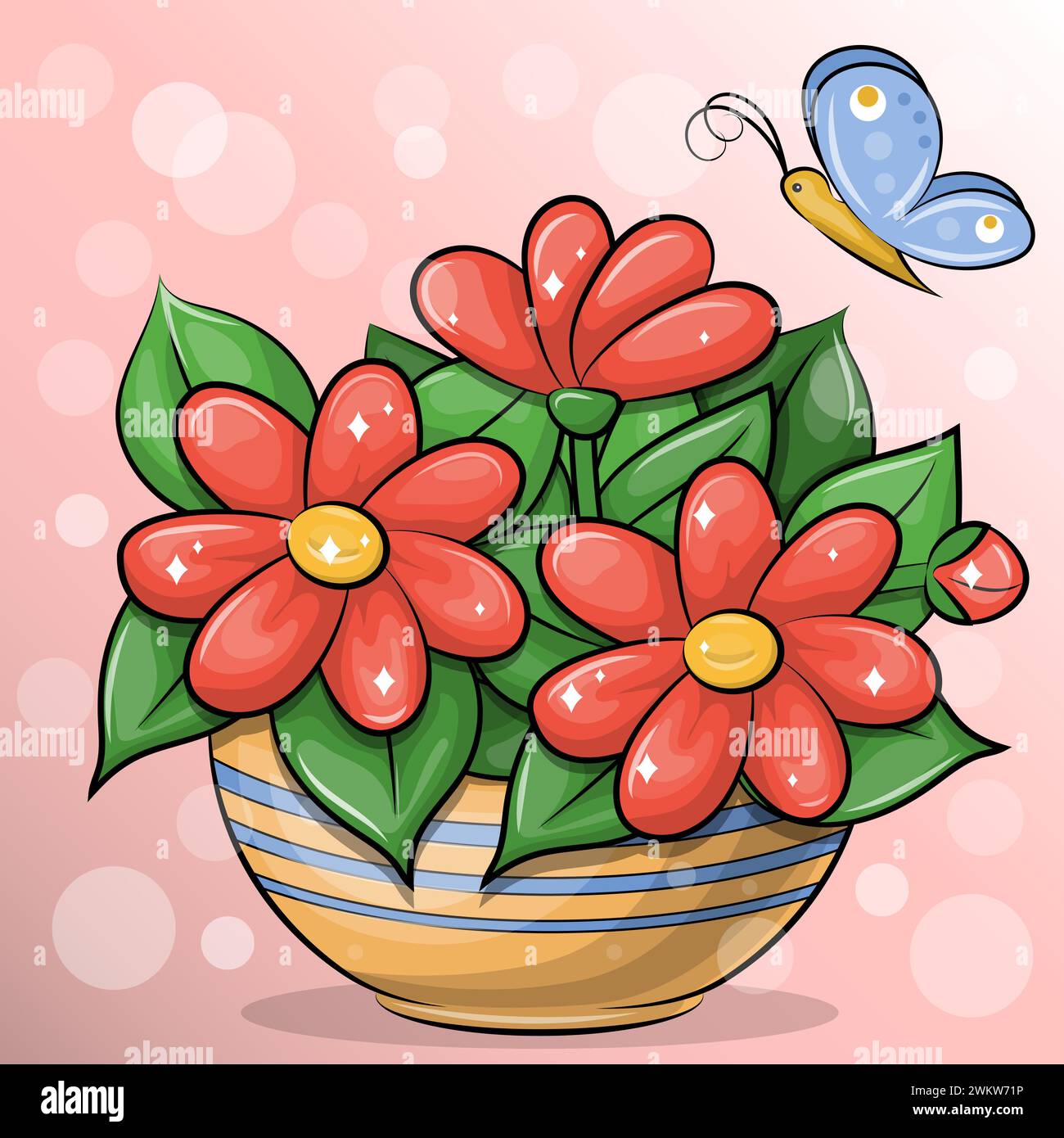 Grazioso bouquet di cartoni animati di fiori rossi e farfalla blu. Illustrazione vettoriale delle piante nel vaso di fiori. Illustrazione Vettoriale